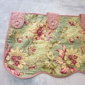 Waverly Corsage Sage Floral Check Quilted Tab Reversible Curtain Valance